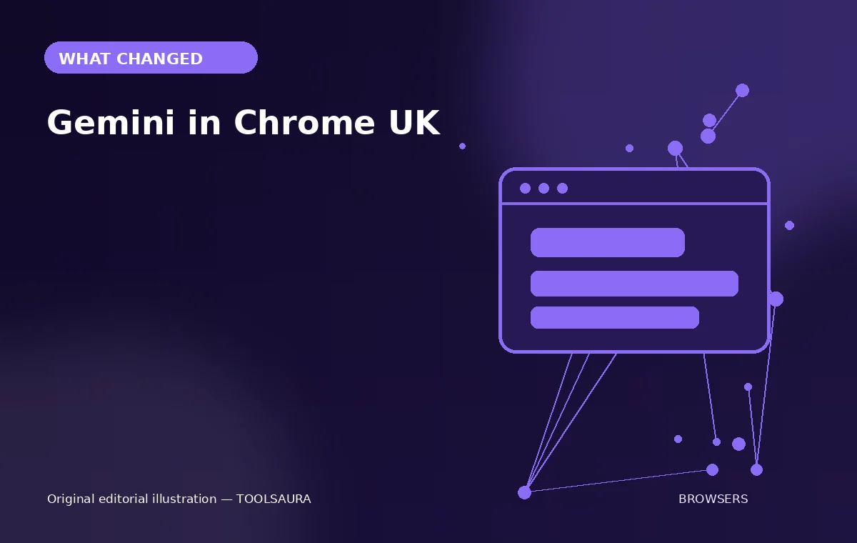 Editorial illustration about Gemini in Chrome UK: what changed