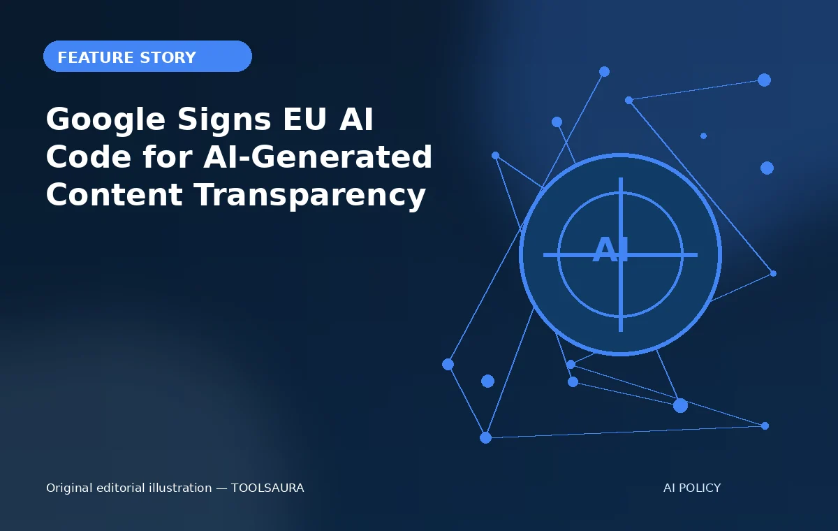 Original editorial illustration for Google Signs EU AI Code for AI-Generated Content Transparency