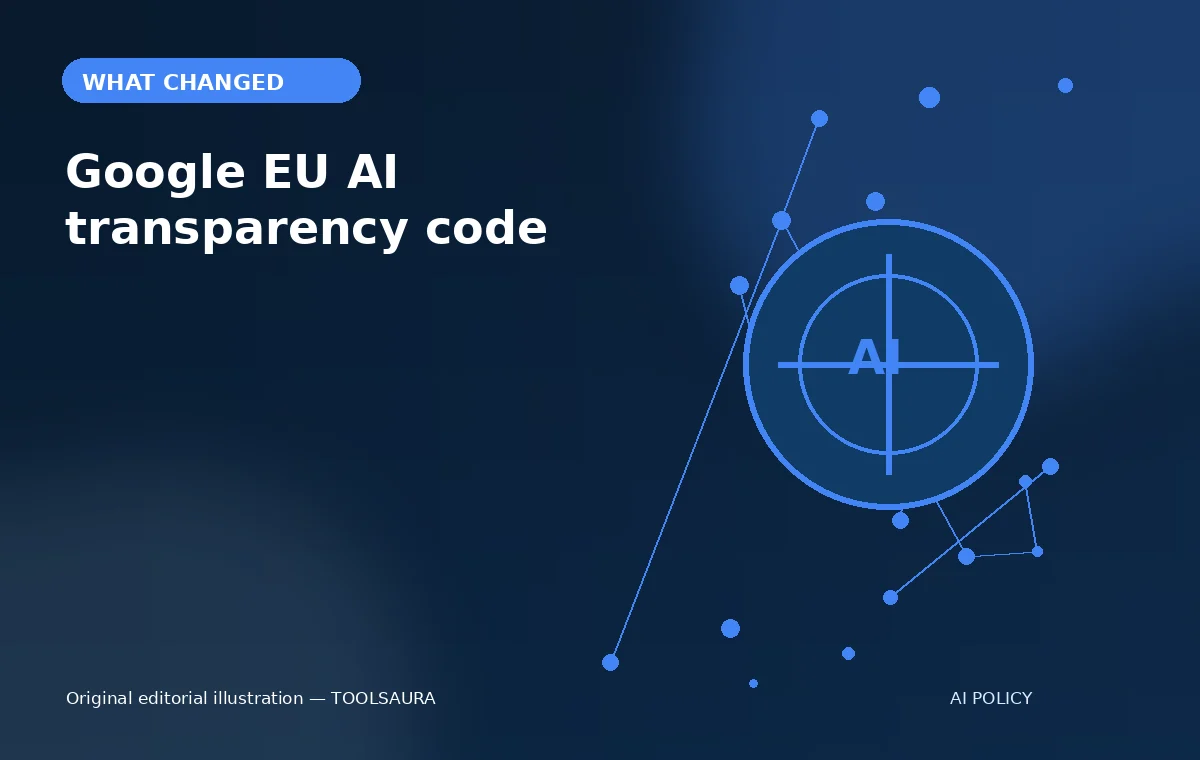 Editorial illustration about Google EU AI transparency code: what changed